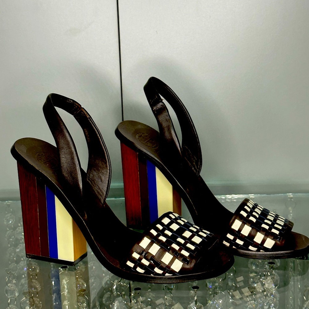 Brand New Tori Burch wooden multicolored heel sandals.